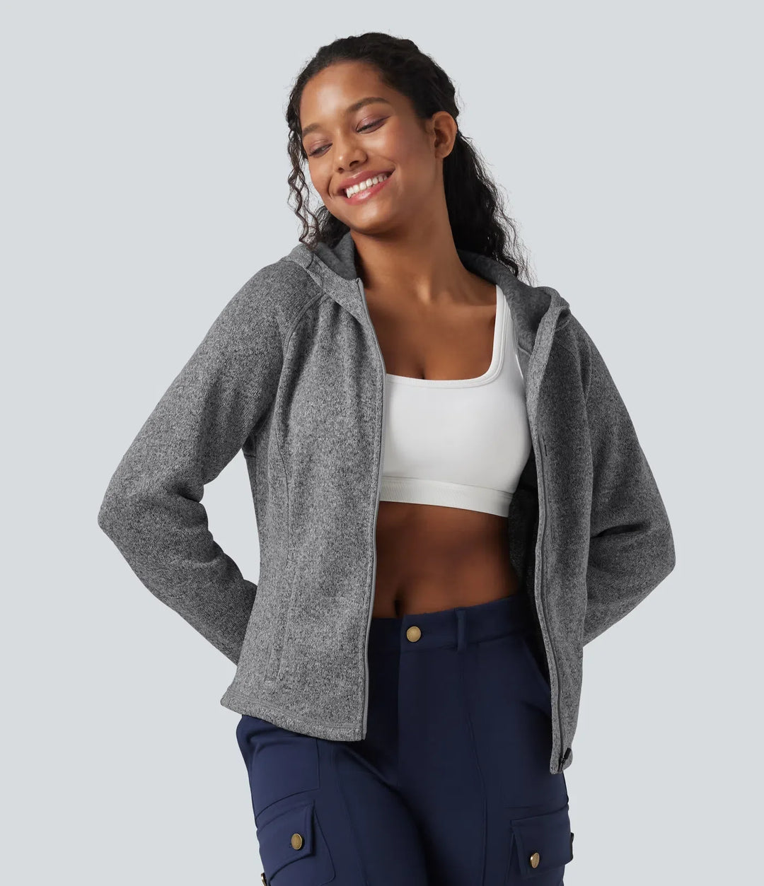 Med huva långärmad fleece stickad vandringsjacka med fickor