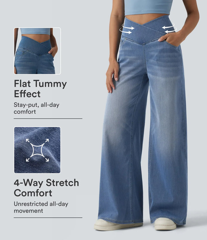 Lyckera Flex crossover högmidjad magkontroll vida ben vardagsjeans med fickor