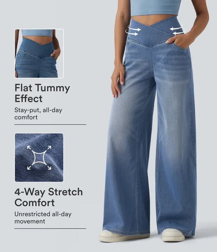Lyckera Flex crossover högmidjad magkontroll vida ben vardagsjeans med fickor