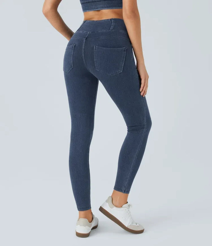 Halara Flex med hög midja, omlottmidja och fickor denim leggings för arbete