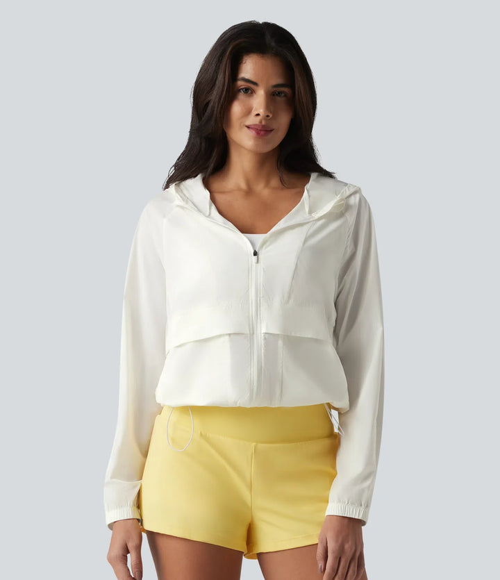 Med huva långärmad kontrastmesh löpning jacka med fickor-UPF50+