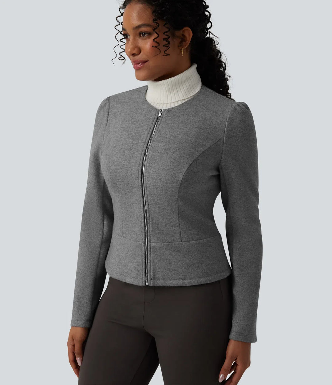 Rund hals långärmad dragkedja fleece arbetsjacka