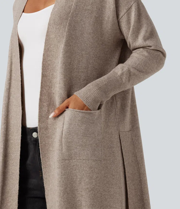Långärmad öppen front vardaglig cardigan med fickor