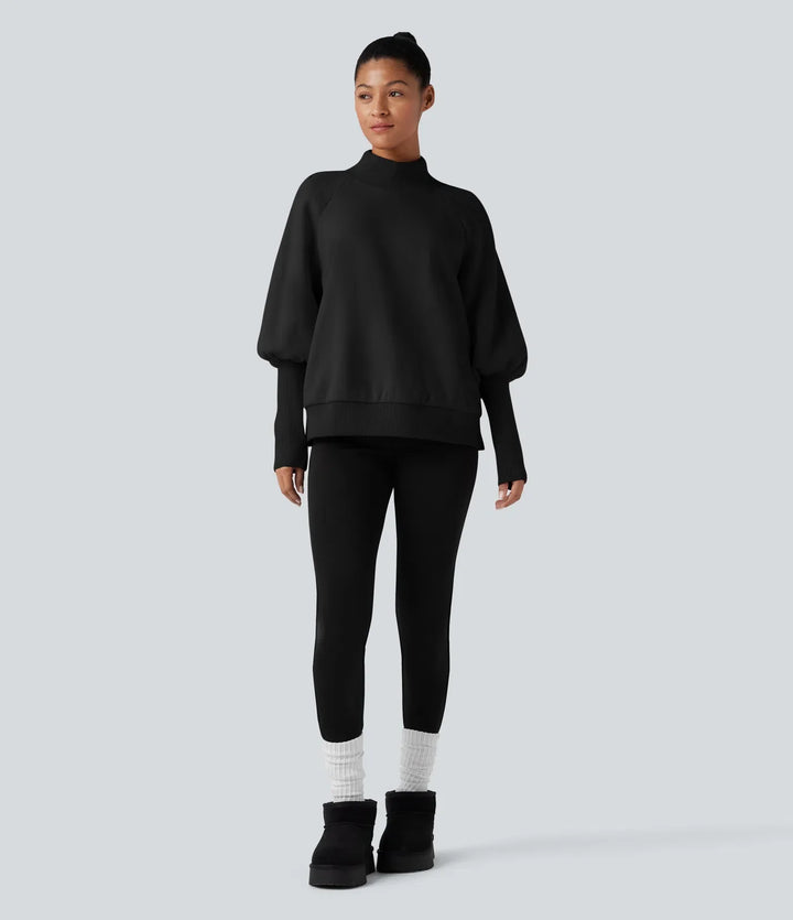 Halvpolo lång bishopärm fleece vardaglig sweatshirt