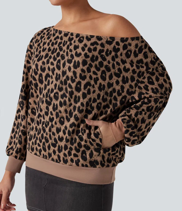 Enaxlad långärmad våffelstruktur leopard vardaglig sweatshirt med fickor