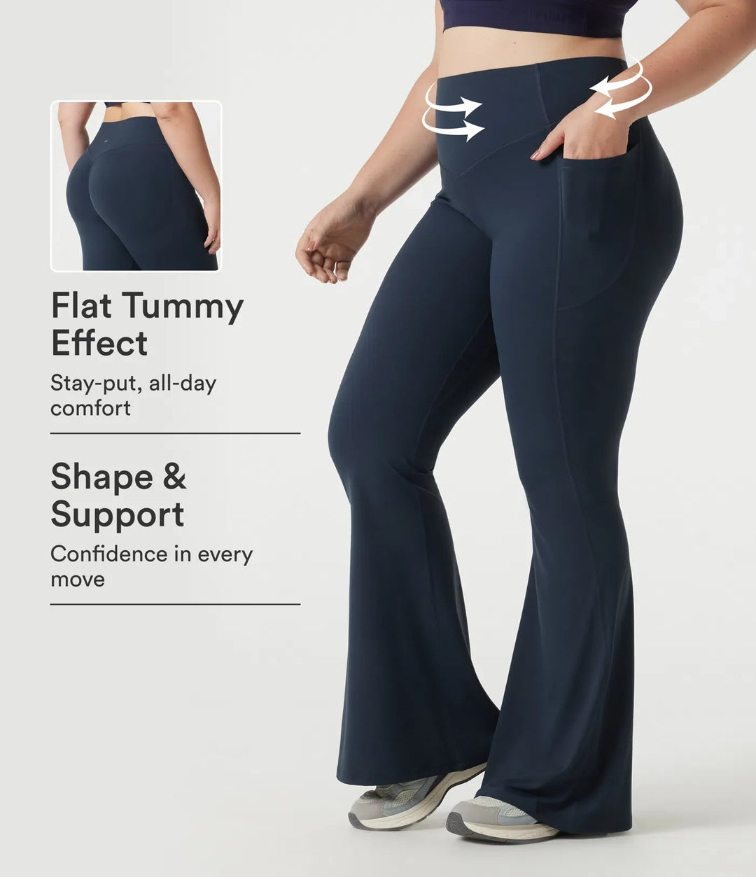 Lyckera UltraSculpt plusstorlek högmidjad scrunch med rumplyft magkontroll formande yoga utsvängd leggings med fickor