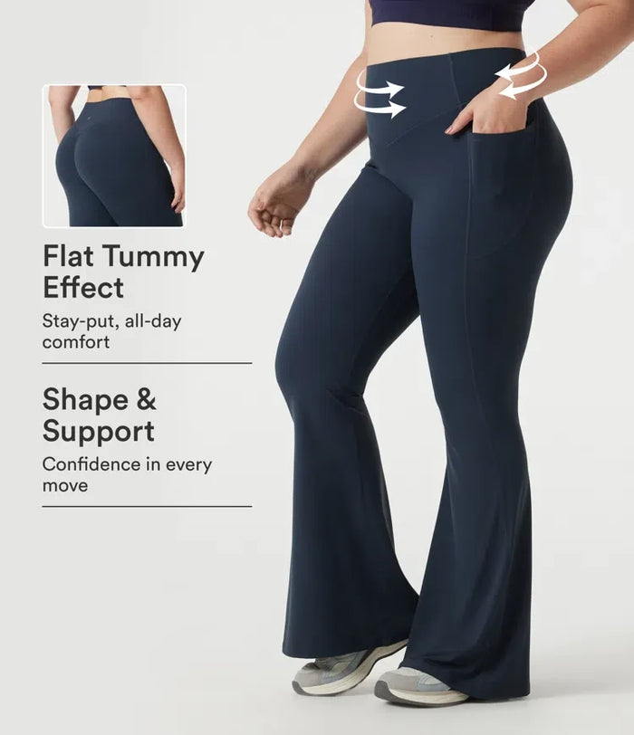 Lyckera UltraSculpt plusstorlek högmidjad scrunch med rumplyft magkontroll formande yoga utsvängd leggings med fickor