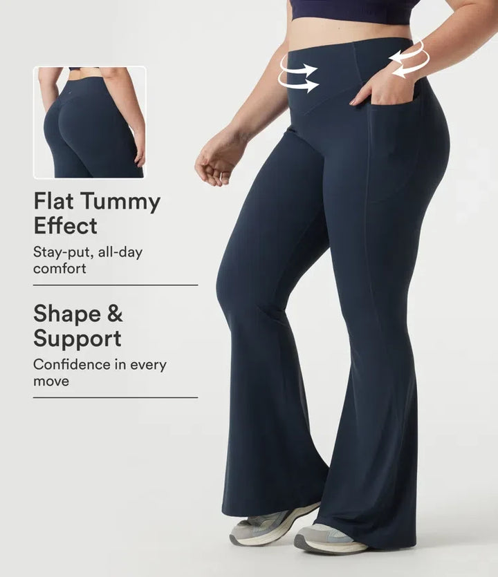 Lyckera UltraSculpt plusstorlek högmidjad scrunch med rumplyft magkontroll formande yoga utsvängd leggings med fickor