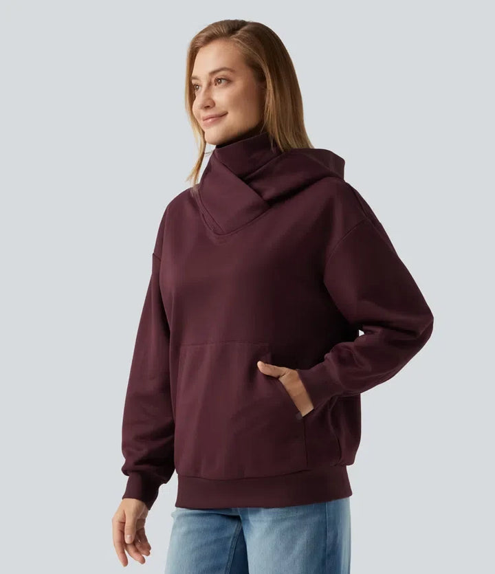Med huva crossover nedhasad långärmad fleece vardaglig sweatshirt med ficka