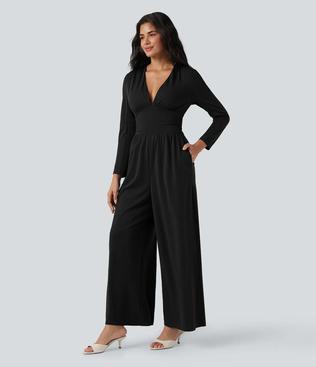 V-ringad långärmad rynkat jumpsuit med fickor-Easy Peezy Edition