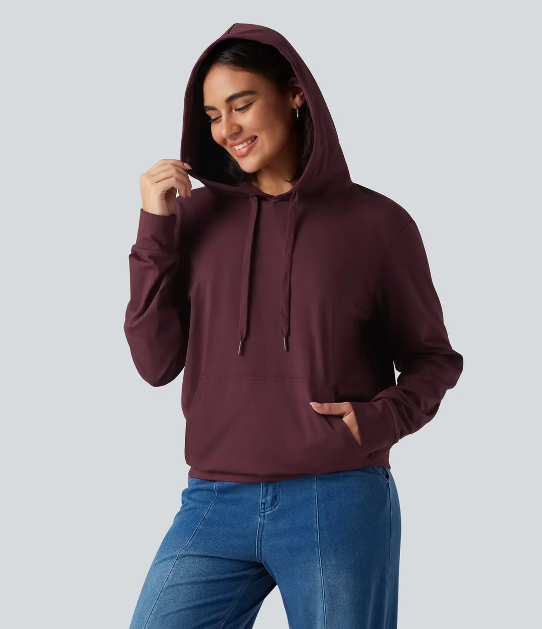 Med huva långärmad avkoppling sweatshirt med ficka