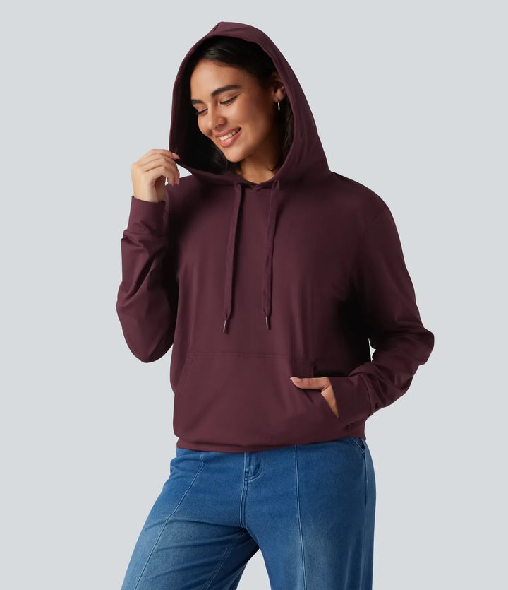 Med huva långärmad avkoppling sweatshirt med ficka