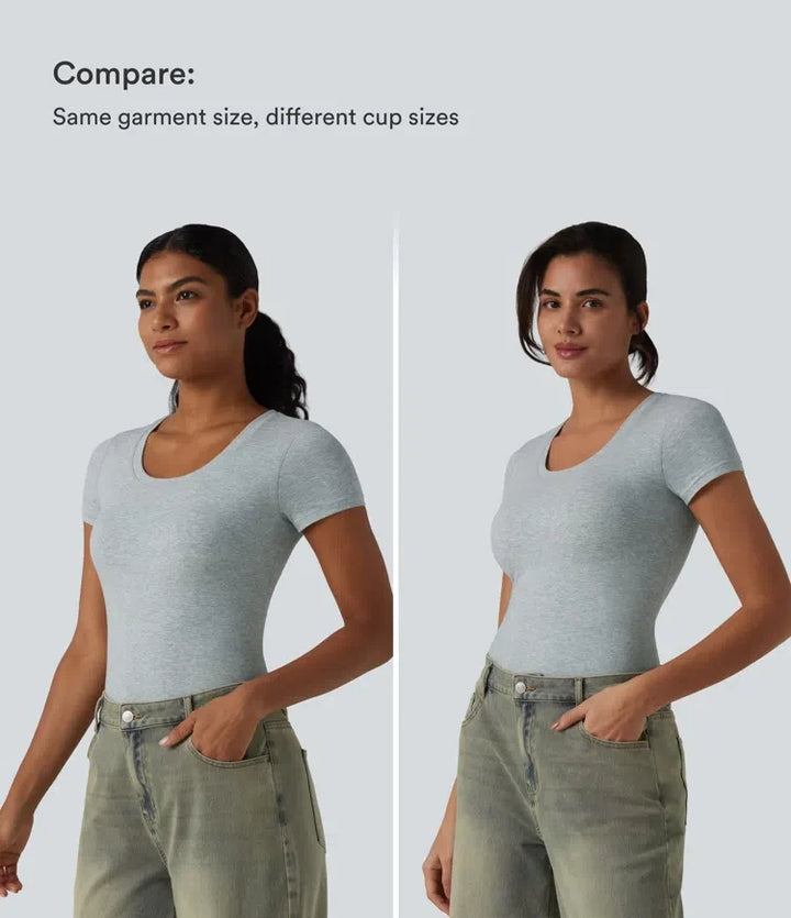 Halara bomullsjersey djup rund halsringning kortärmad inbyggd bh T-shirt för vardag B-DD kupor