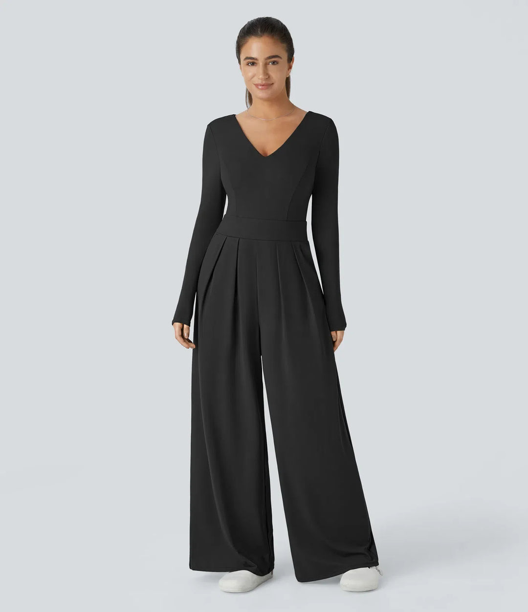 V-ringad långärmad ficka vida ben vardaglig jumpsuit