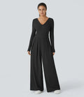 V-ringad långärmad ficka vida ben vardaglig jumpsuit
