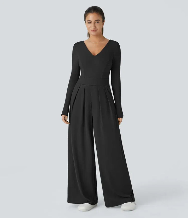 V-ringad långärmad ficka vida ben vardaglig jumpsuit