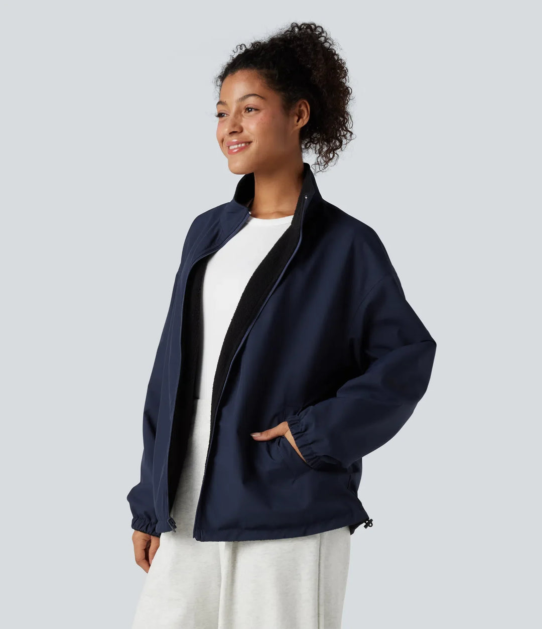 Vändbar hög hals långärmad dragkedja fleece vandringsjacka med fickor (två looks i en)