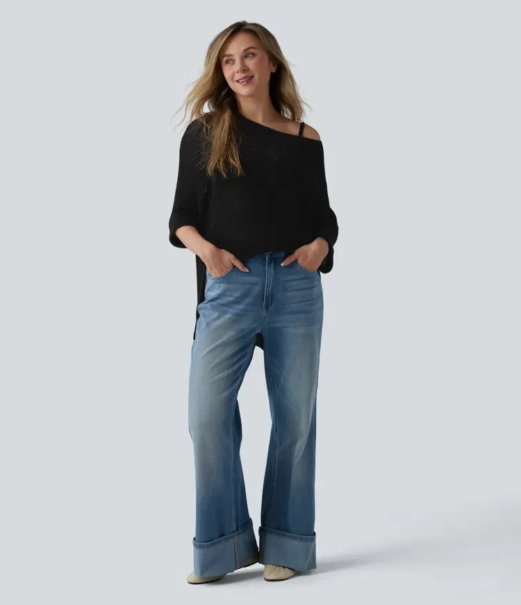 Enaxlad halvlång ärm slits fåll oversized vardaglig tröja med ficka