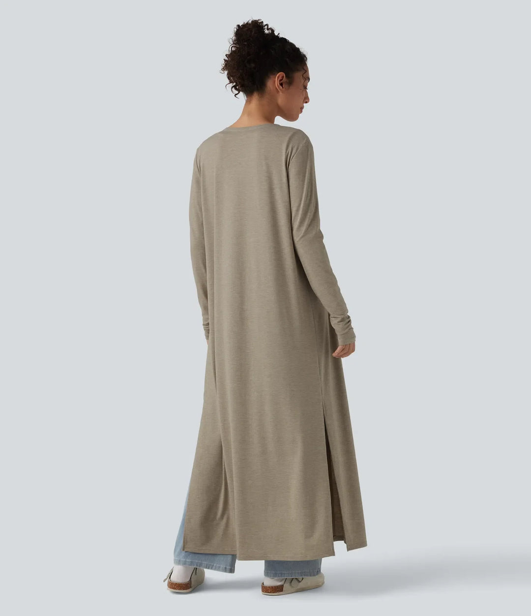 Långärmad slits fåll melerad vardaglig lång modell kappa
