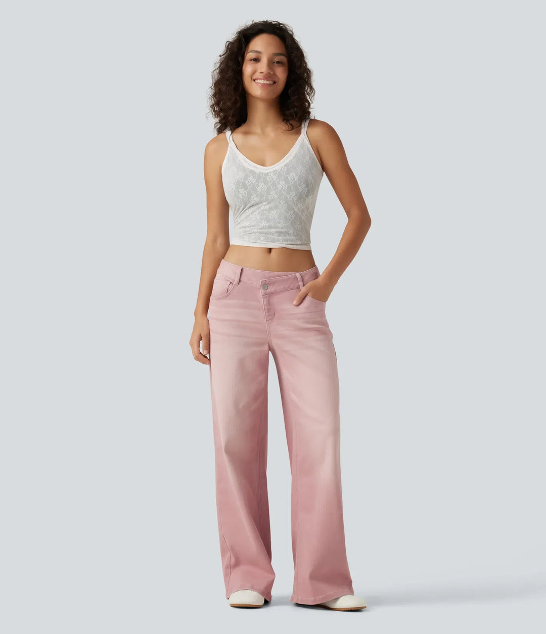Med låg midja asymmetrisk vida ben färgglad vardagsjeans med fickor