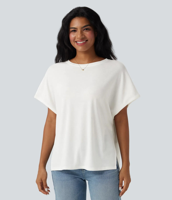 Rund halsringning fladdermus ärm avslappnad T-shirt för vardag