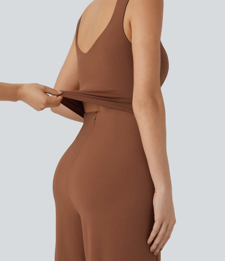 U rygg ärmlös vardaglig jumpsuit med fickor-Easy Peezy Edition