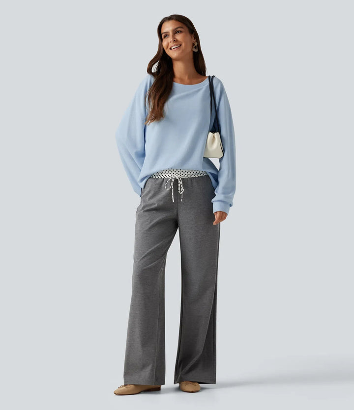 Båtringad lång raglanärm inbyggd BH vardaglig bomull sweatshirt