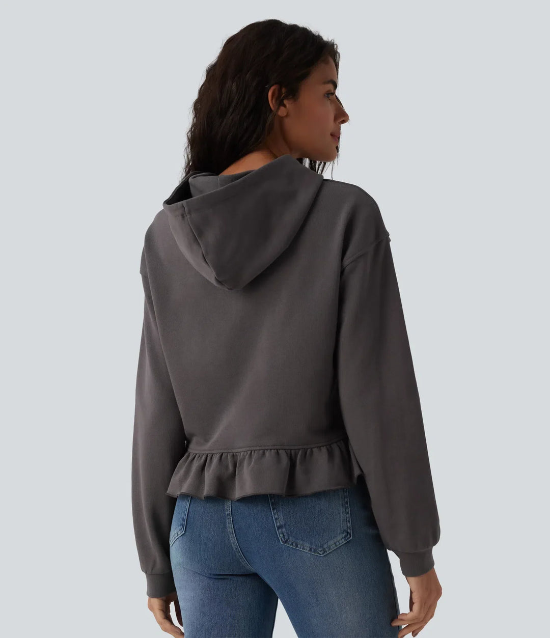 Med huva dragsko långärmad volangfåll vardaglig bomull sweatshirt