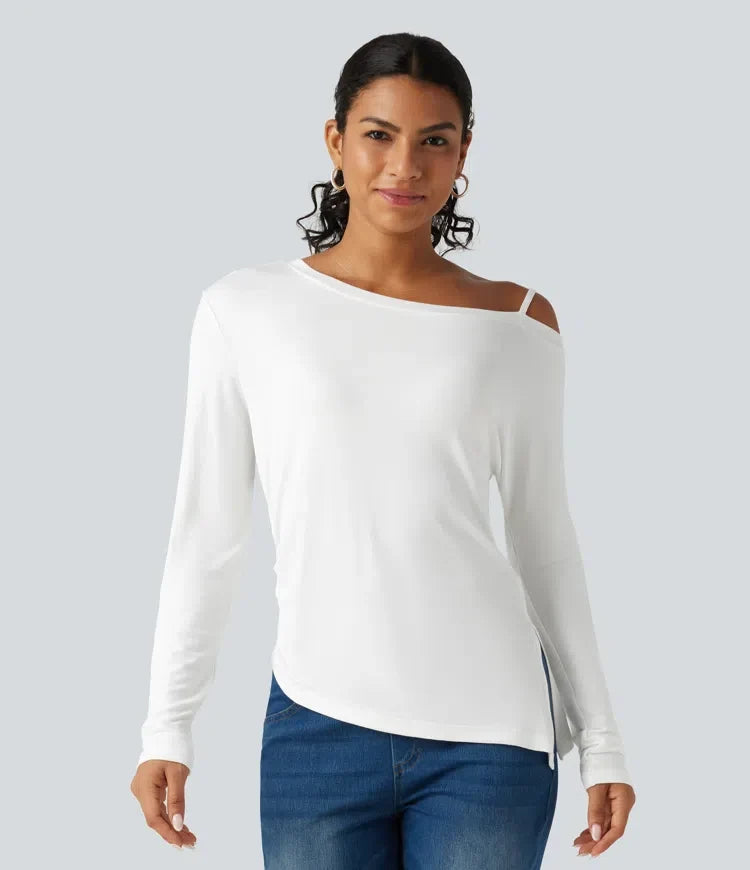 Ribbad enaxlad långärmad asymmetrisk fåll vardaglig T-shirt