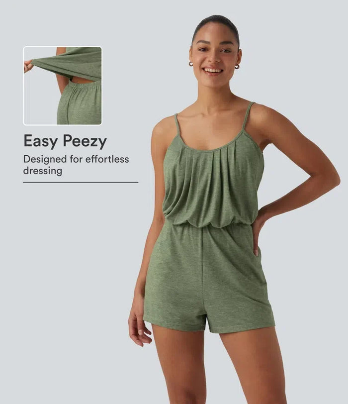 U-ringad justerbara axelband veckad inbyggd BH vardaglig playsuit med fickor-Easy Peezy