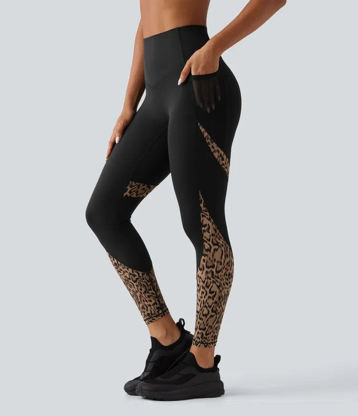 Högmidjad skinny kontrastmesh leopardmönster färgblock yogaleggings med fickor