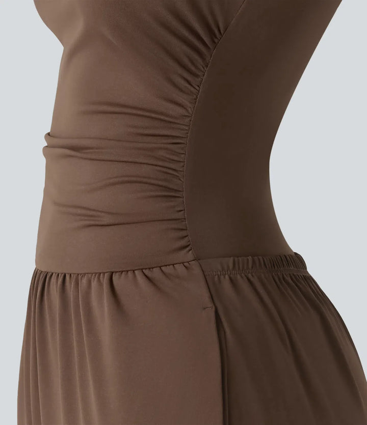 Båtringad ärmlös rynkat vida ben vardaglig jumpsuit med fickor-Easy Peezy Edition