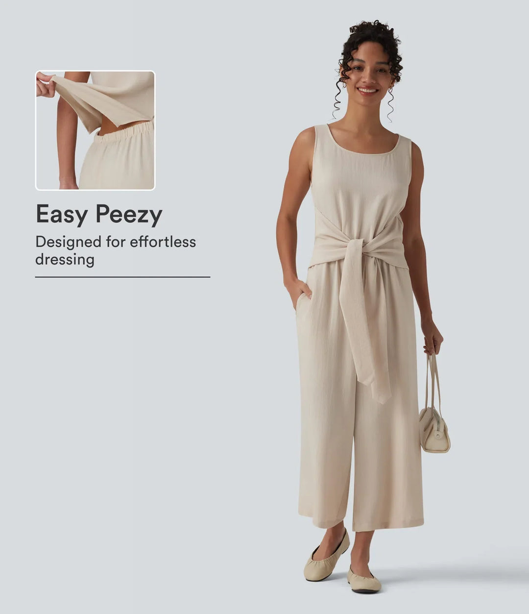Djup rund halsringning ärmlös knytning fram vardaglig linnekänsla jumpsuit med fickor-Easy Peezy