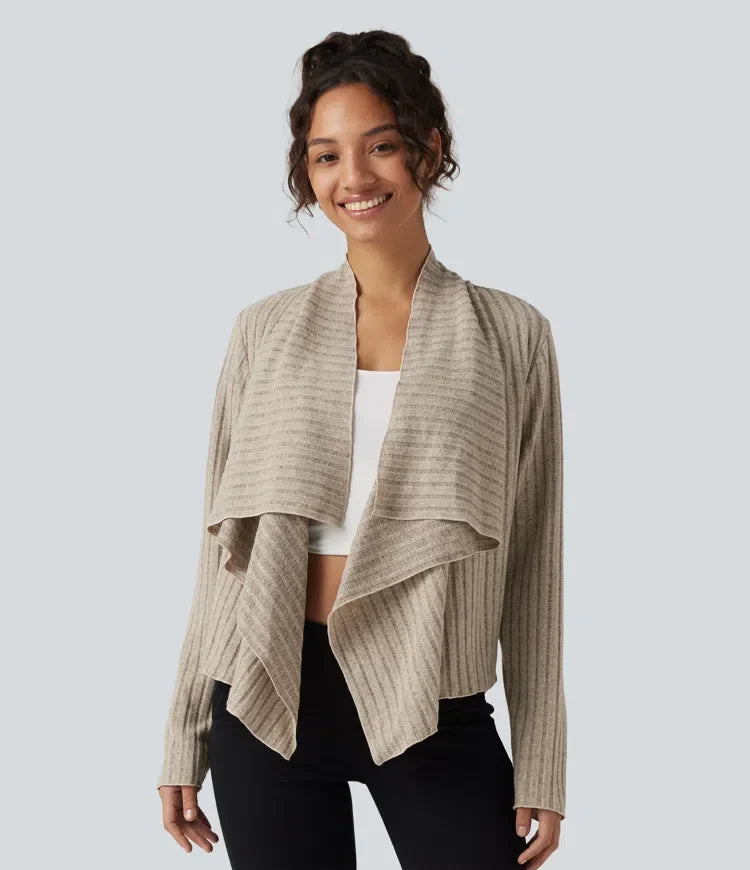 Ribbstickad med krage öppen front långärmad vardaglig cardigan