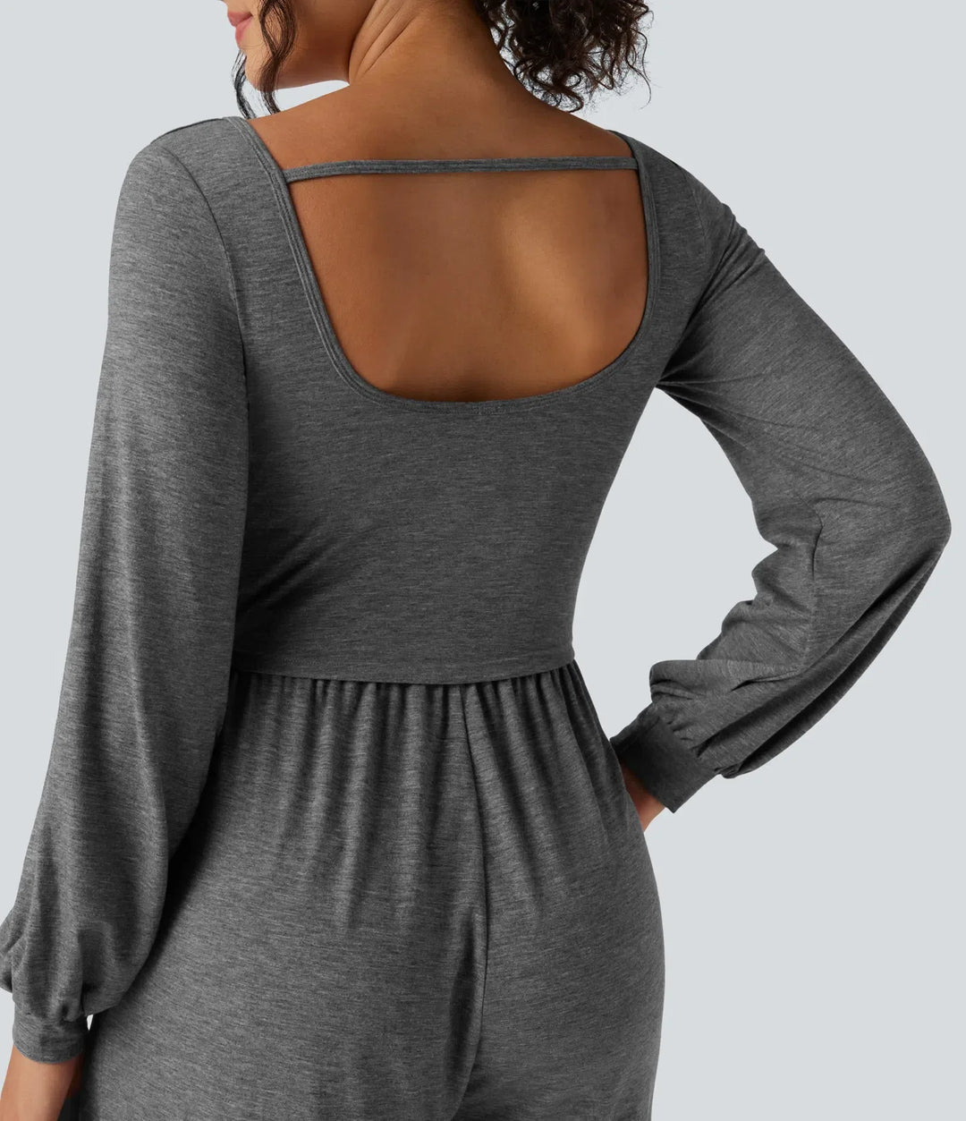 Djup rund halsringning rygglös långärmad melerad vardaglig vida ben jumpsuit med fickor-Easy Peezy