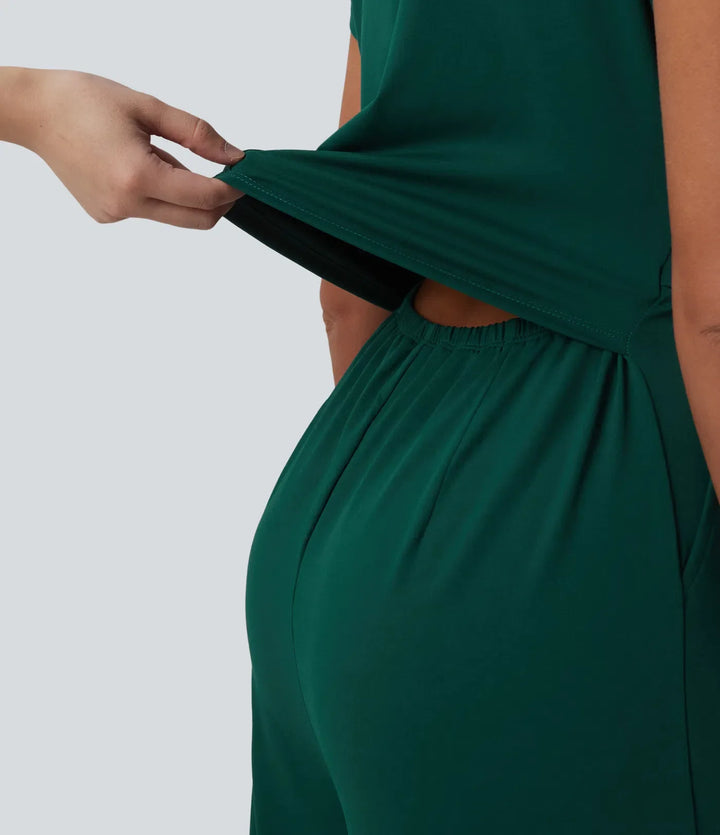V-ringning kortärmad vida ben jumpsuit för vardag med fickor – Easy Peezy-utgåva