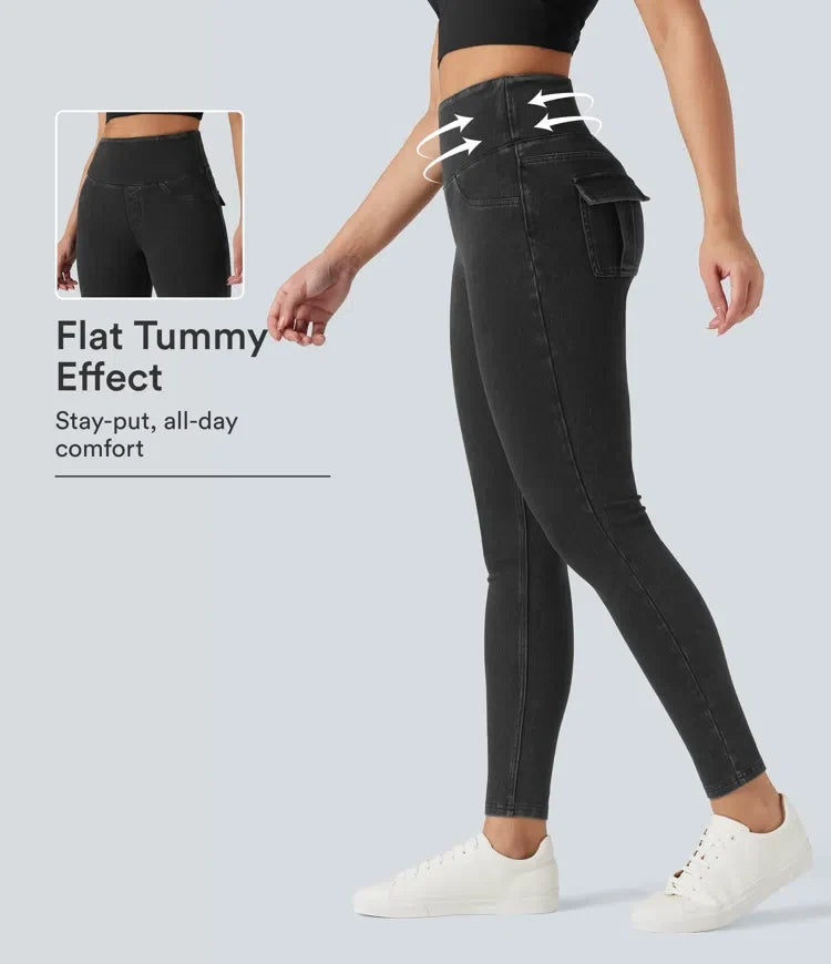 Halara Flex med hög midja och magkontroll denim vardagsleggings med fickor