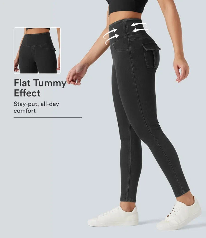 Lyckera Flex högmidjad magkontroll denim vardagsleggings med fickor