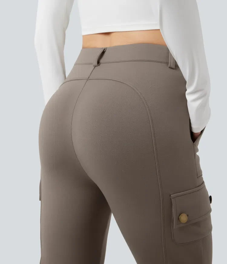 Med hög midja smal fleece vandring cargo byxor med fickor
