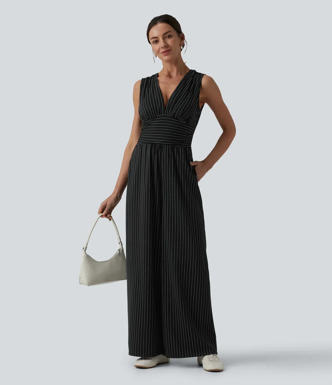 V-ringad ärmlös rynkat ränder arbetsjumpsuit med fickor-Easy Peezy