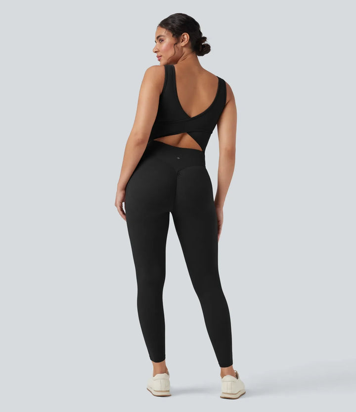 Halara UltraSculpt V-ringning magkontroll rumplyftande träning jumpsuit med fickor