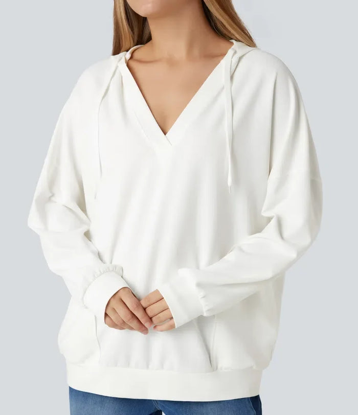 Med huva V-ringad långärmad avslappnad vardaglig sweatshirt med fickor