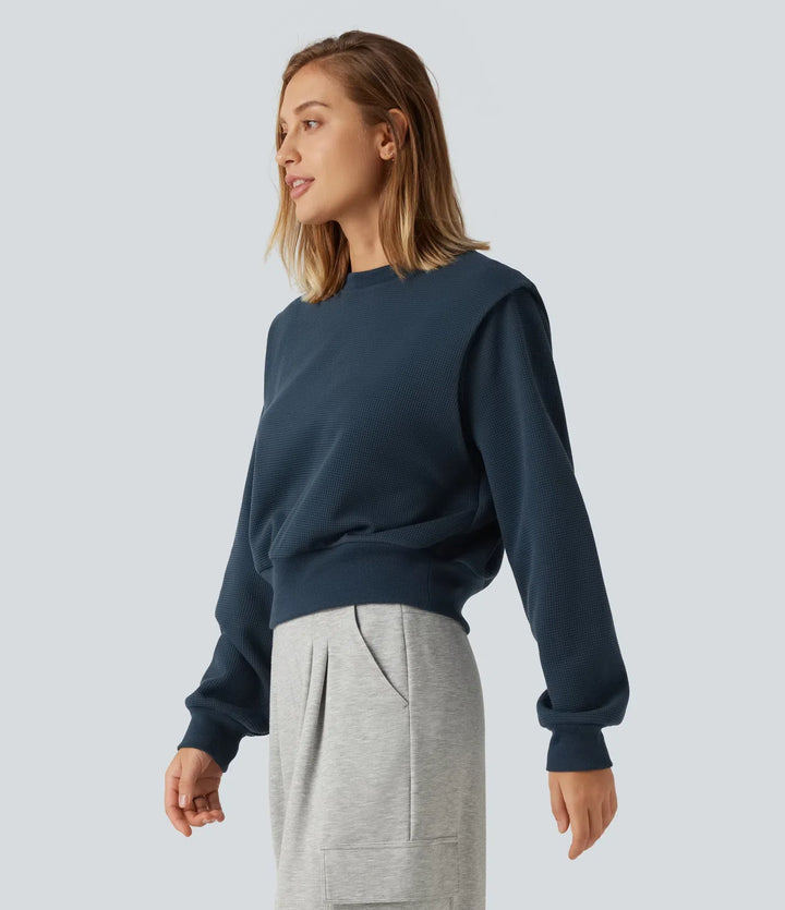 Rund hals långärmad våffelstruktur vardaglig sweatshirt
