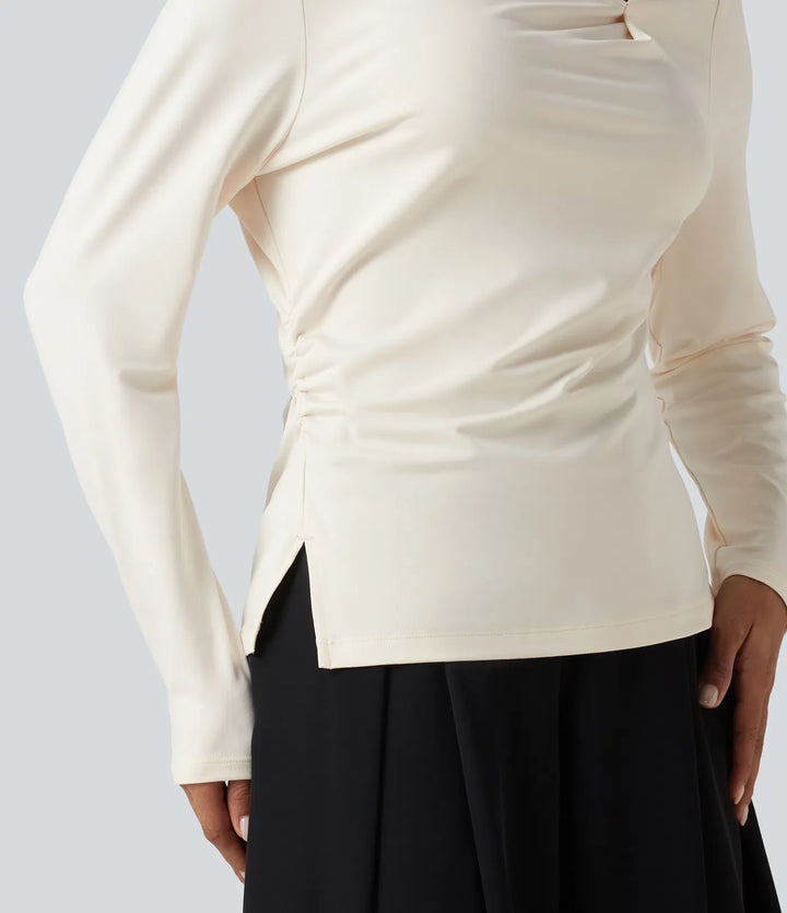 Asymmetrisk draperad hals långärmad rynkat slits fåll arbetsblus