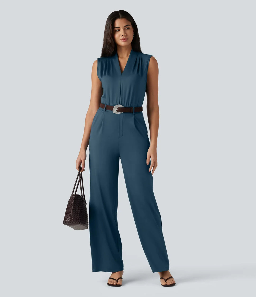 V-ringad ärmlös arbetsjumpsuit med fickor-Easy Peezy Edition