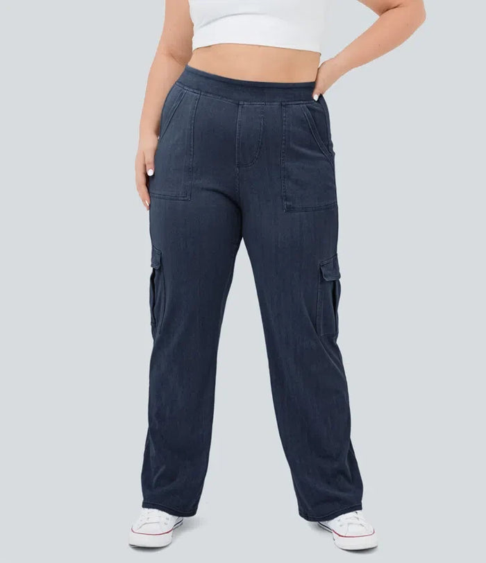 Lyckera Flex medelhög midja fickor raka ben plusstorlek vardaglig cargo jeans