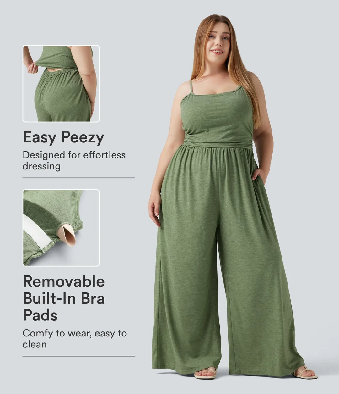 Plusstorlek inbyggd bh rynklad vida ben melerad jumpsuit för vardag med fickor – Easy Peezy-utgåva