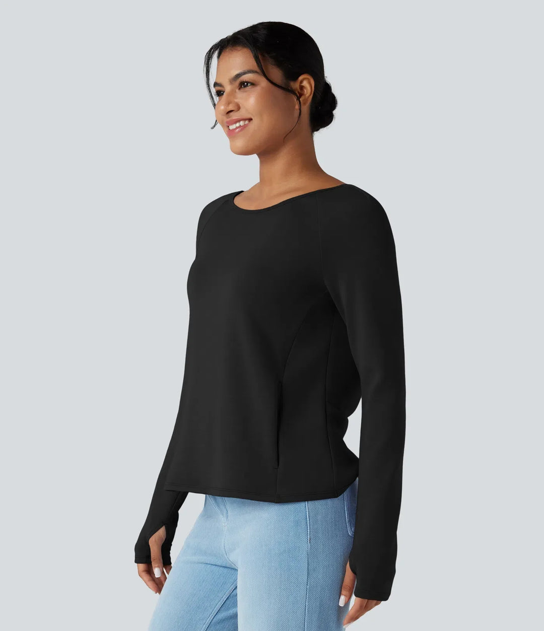 SpacerTek rygglös vriden långärmad tumhål vardaglig sweatshirt med fickor