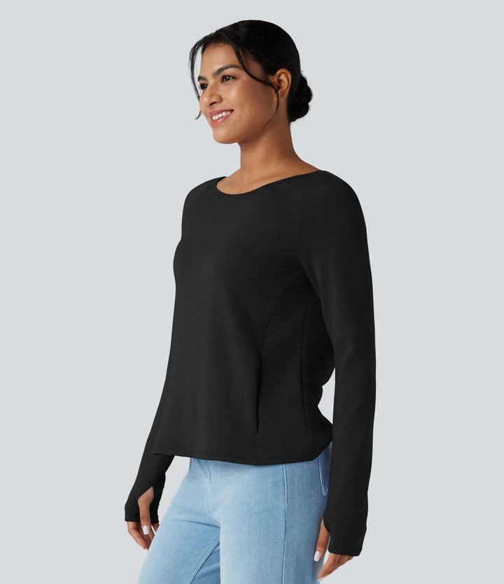 SpacerTek rygglös vriden långärmad tumhål vardaglig sweatshirt med fickor