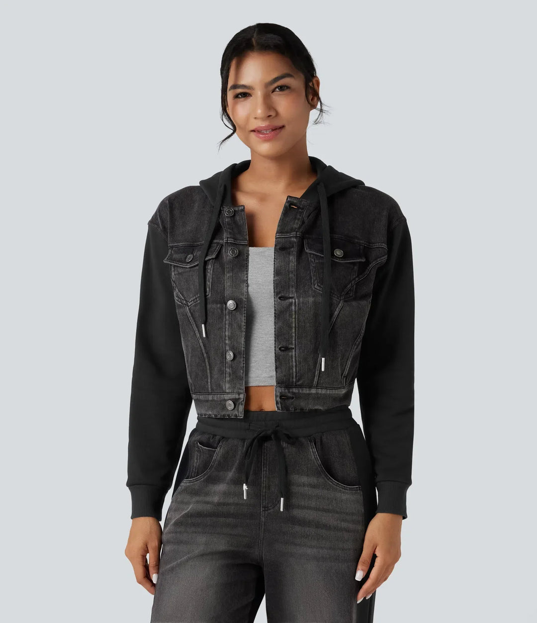 Lyckera Flex med huva dragsko långärmad Patchwork denim vardaglig jacka